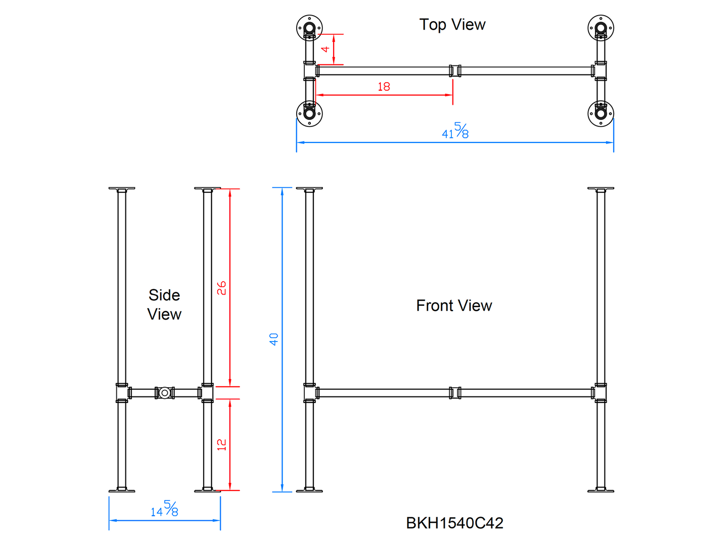 H40" x W15", Pipe Table Legs for Bar Table, 1 Set, #BKH1540C