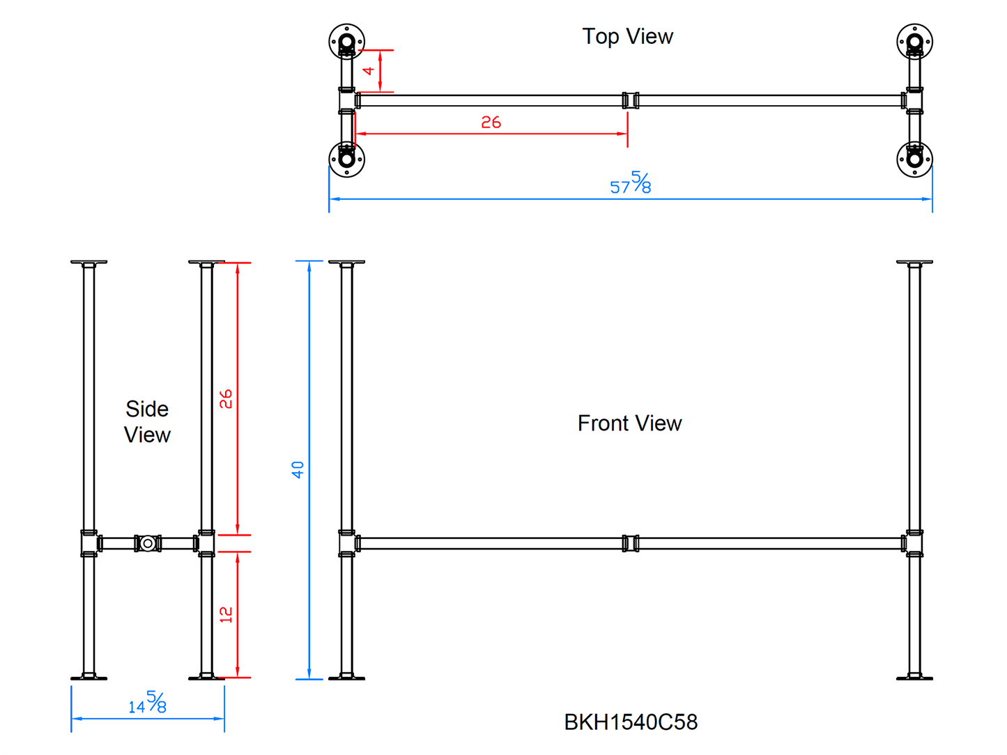 H40" x W15", Pipe Table Legs for Bar Table, 1 Set, #BKH1540C