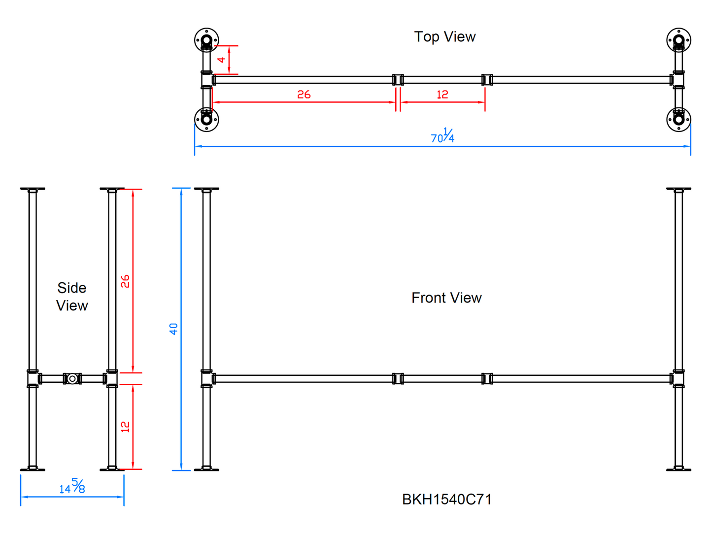 H40" x W15", Pipe Table Legs for Bar Table, 1 Set, #BKH1540C