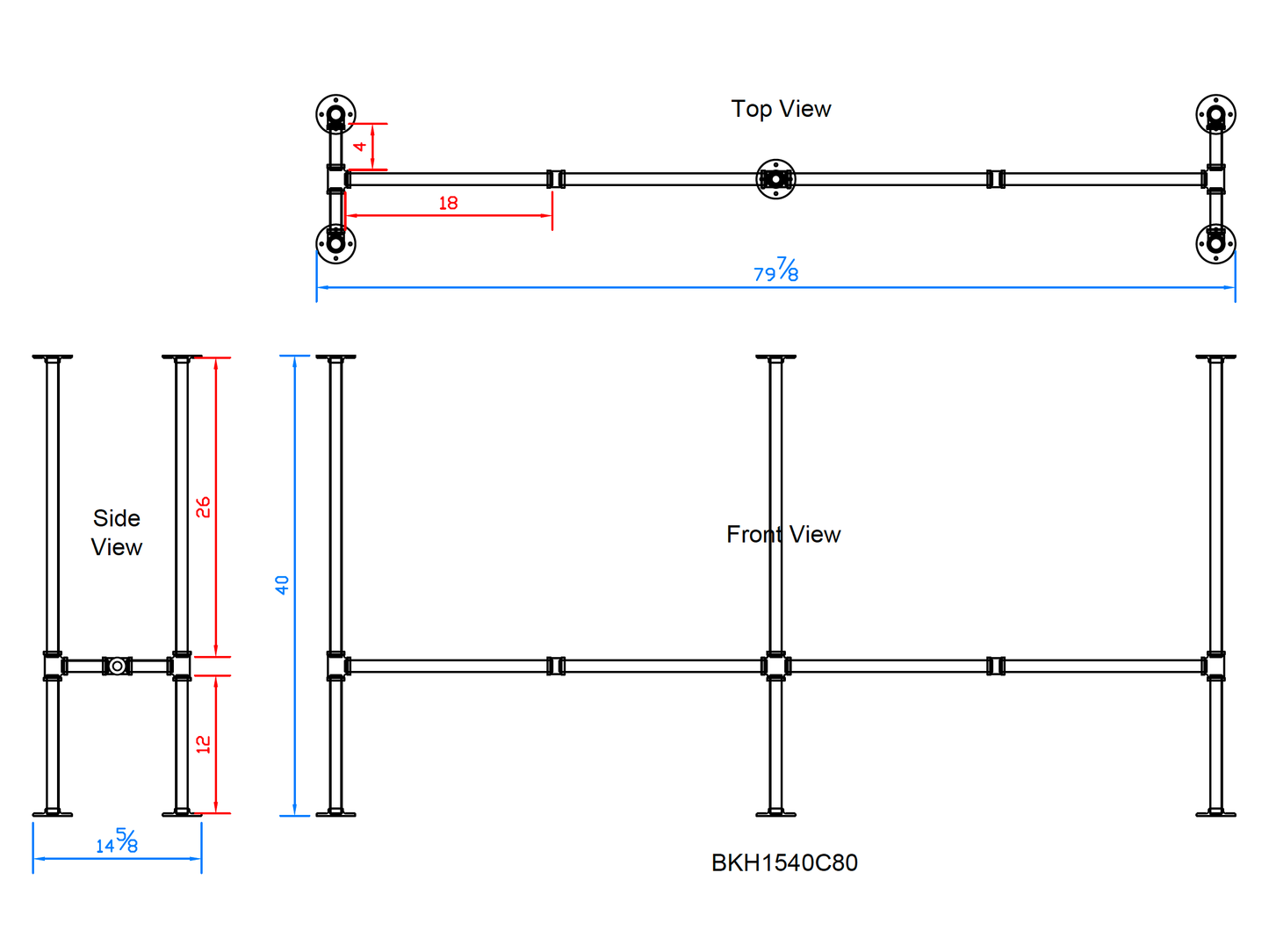 H40" x W15", Pipe Table Legs for Bar Table, 1 Set, #BKH1540C