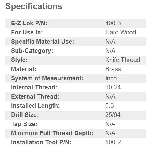 EZ-400-3 E-Z Knife™ Threaded Insert for Hard Wood - Brass - 10-24 (Pack of 25)