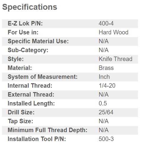 EZ-400-4 E-Z Knife™ Threaded Insert for Hard Wood - Brass - 1/4-20 (Pack of 25)