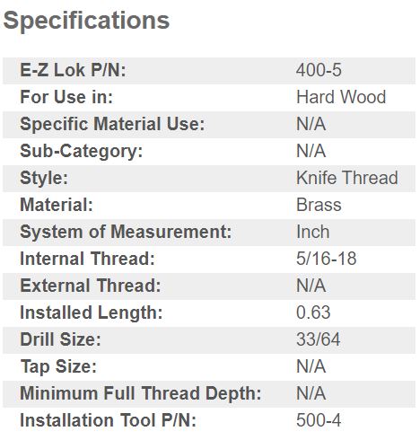 EZ-400-5 E-Z Knife™ Threaded Insert for Hard Wood - Brass - 5/16-18 (pack of 10)