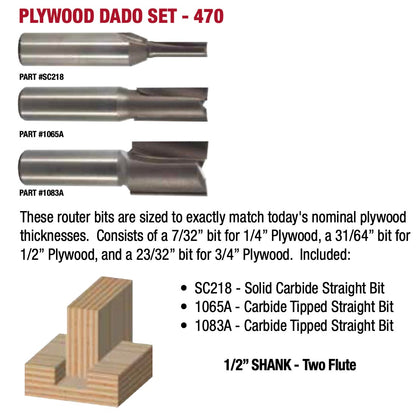 Whiteside, #470 Undersize Plywood Dado Router Bit Set, 1/2" Shank, Set/3