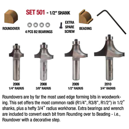 Whiteside, #501 Roundover & Beading Router Bit Set, 1/2" Shank, Set/4