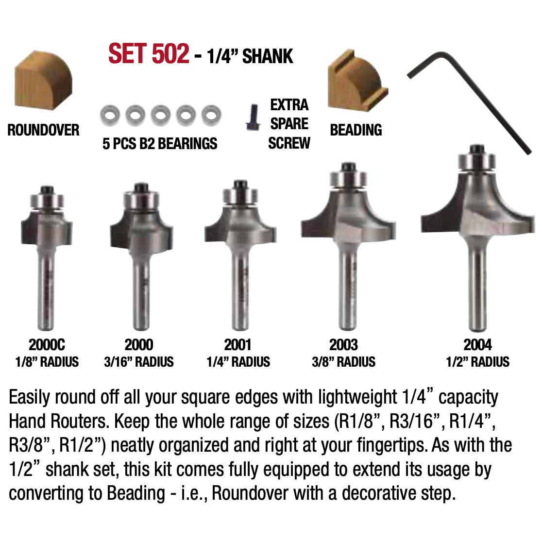 Whiteside, #502 Roundover & Beading Router Bit Set, 1/4" Shank, Set/5