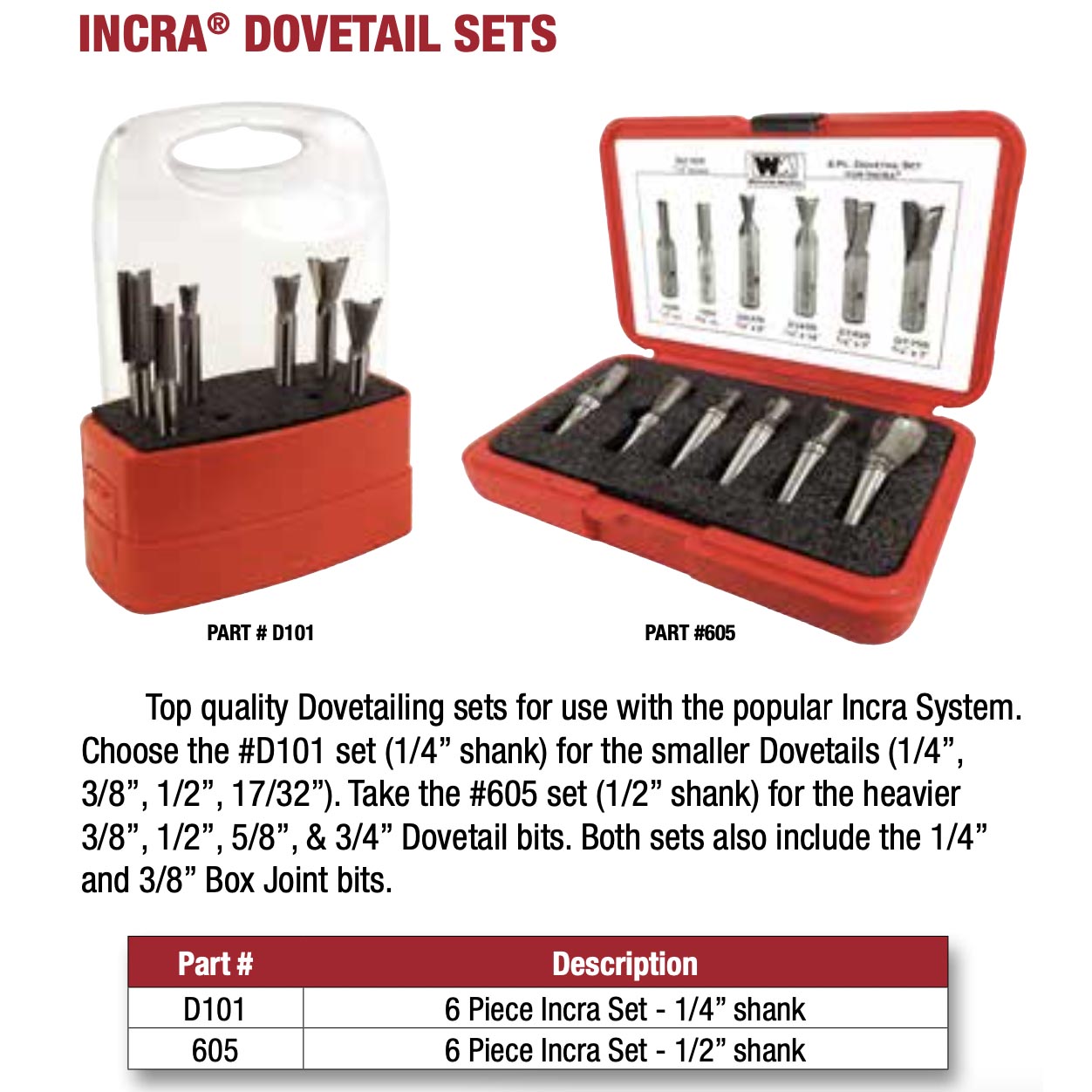 Whiteside, #605 Incra Dovetail Router Bit Set, 1/2" Shank, Set/6