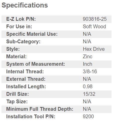 EZ-903816-25 E-Z Hex™ Threaded Insert for Soft Wood - Flanged - 3/8-16 x 25mm (Pack of 25)