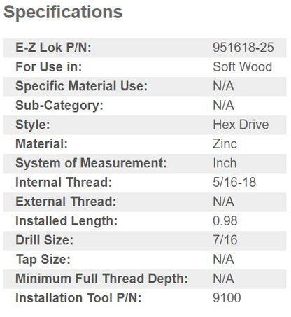 EZ-951618-25 E-Z Hex™ Threaded Insert for Soft Wood - Flanged - 5/16-18 x 25mm (Pack of 25)