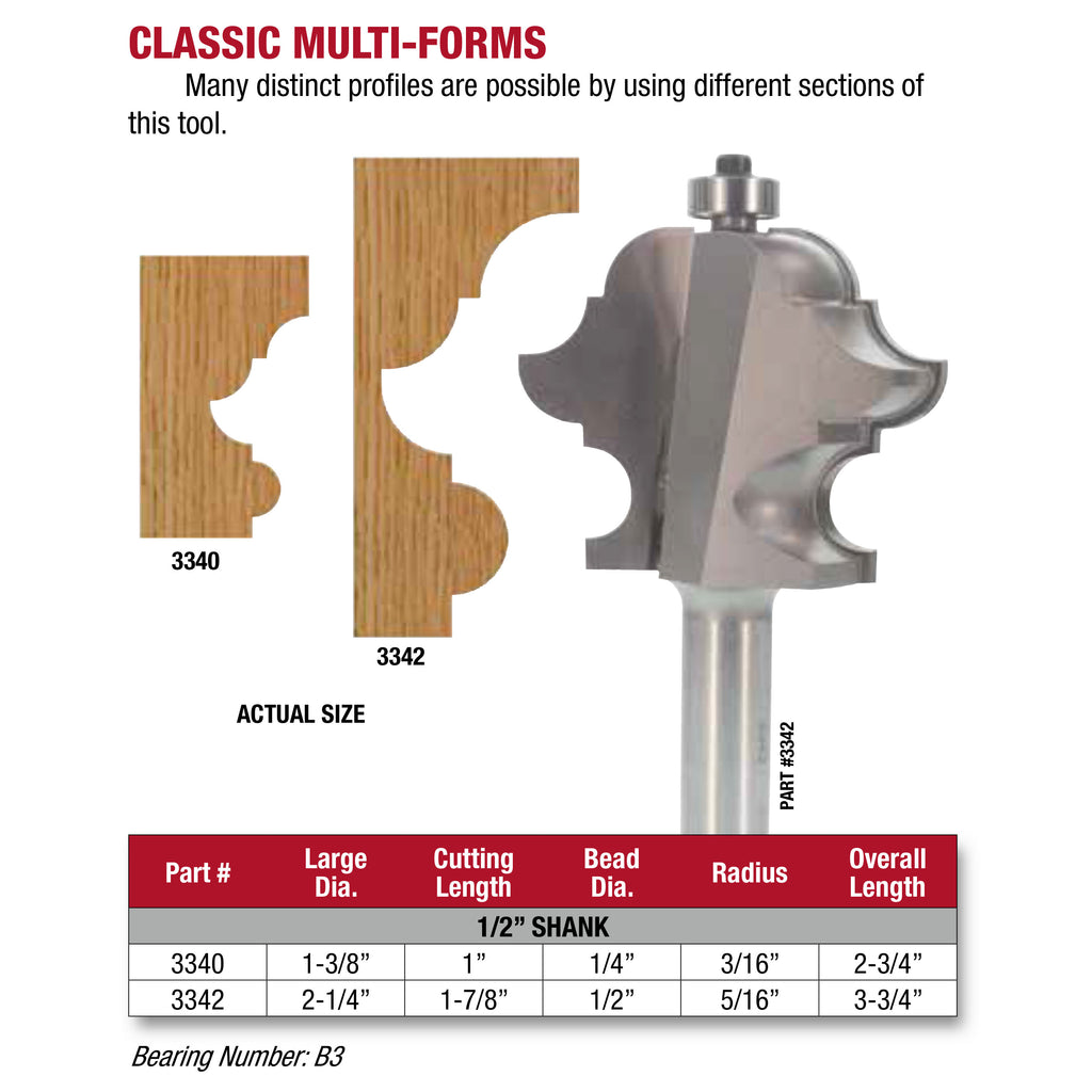 Whiteside 3342 Classic Multi-Form Router Bit 2-1/4 D X 1-7/8 CL X 1/2 BD X 5/16 R X 3-3/4 OL