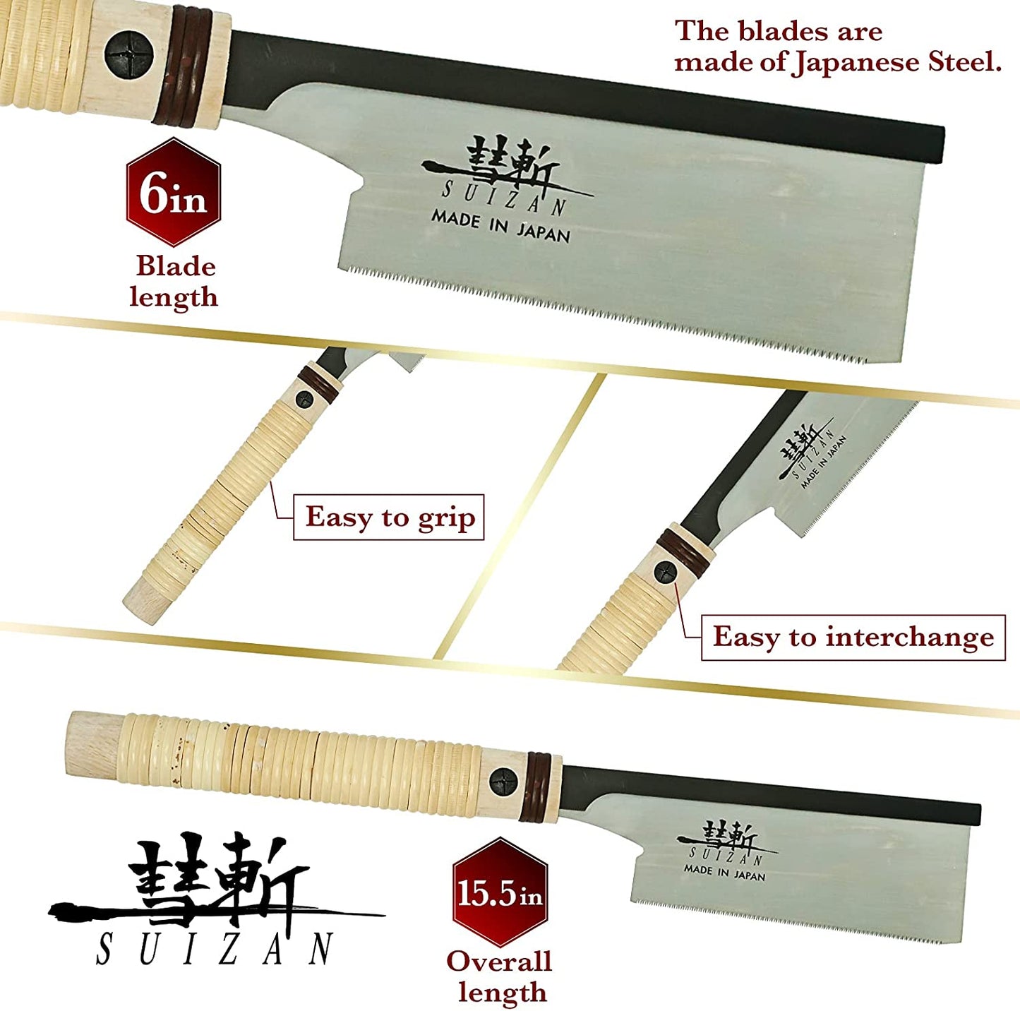 SUIZAN Japanese Dovetail Hand Saw Single Edge 6 inch, DOZUKI Pull Saw