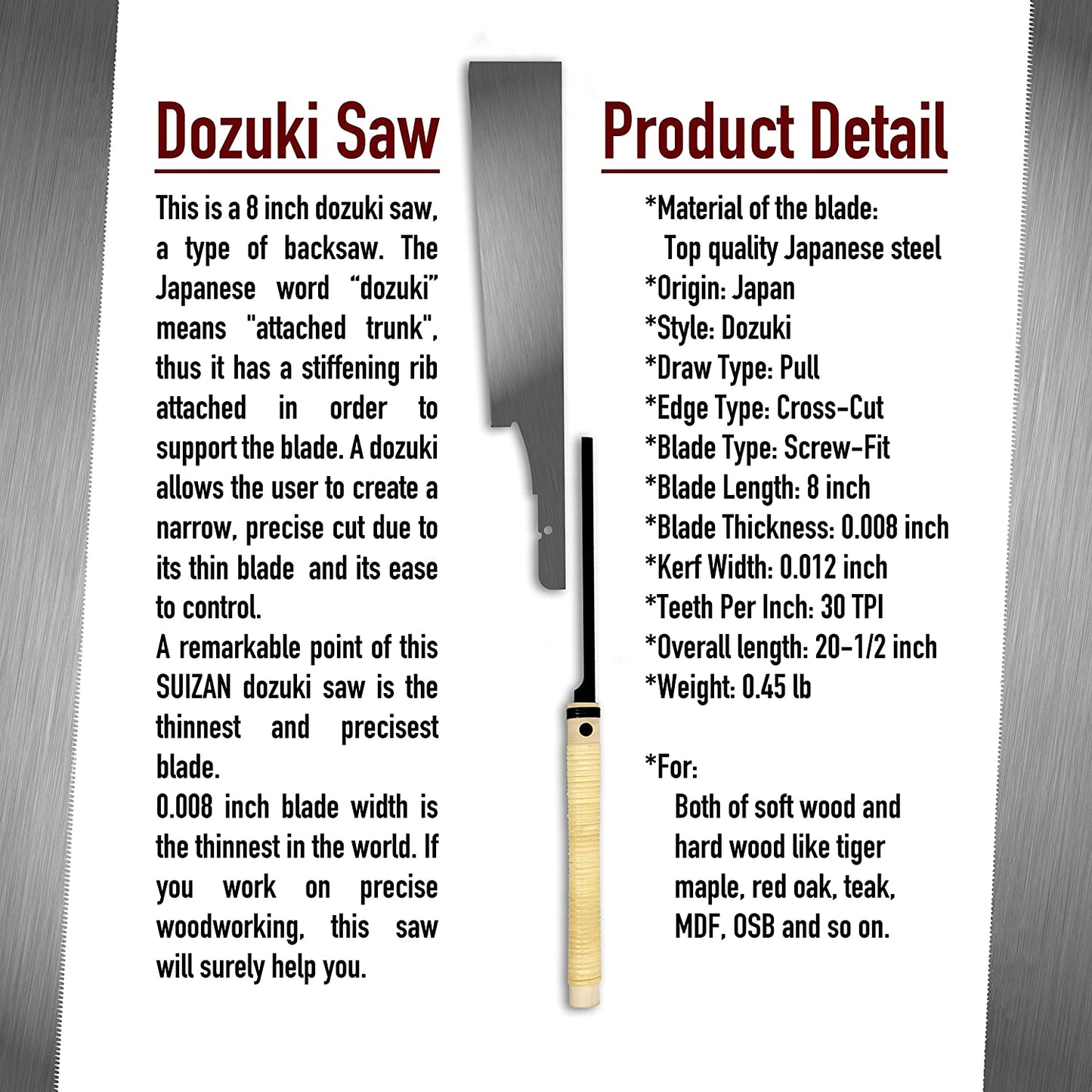 SUIZAN Japanese Dovetail Hand Saw Single Edge 8 inch, DOZUKI Pull Saw