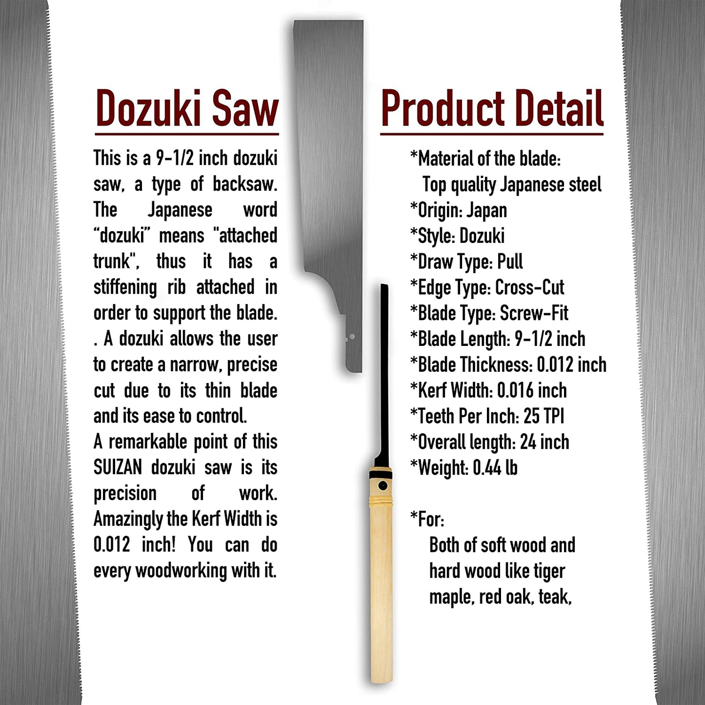 SUIZAN Japanese Dovetail Hand Saw Single Edge 9.5 inch, DOZUKI Pull Saw