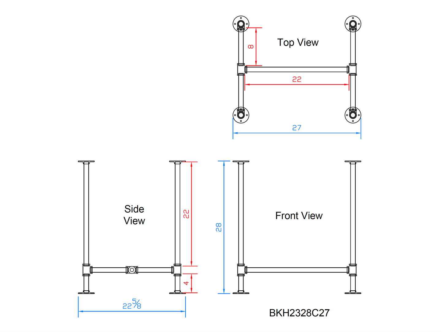 H28" x W23", Pipe Table Legs for Dining Table or Desk, 1 Set, #BKH2328C