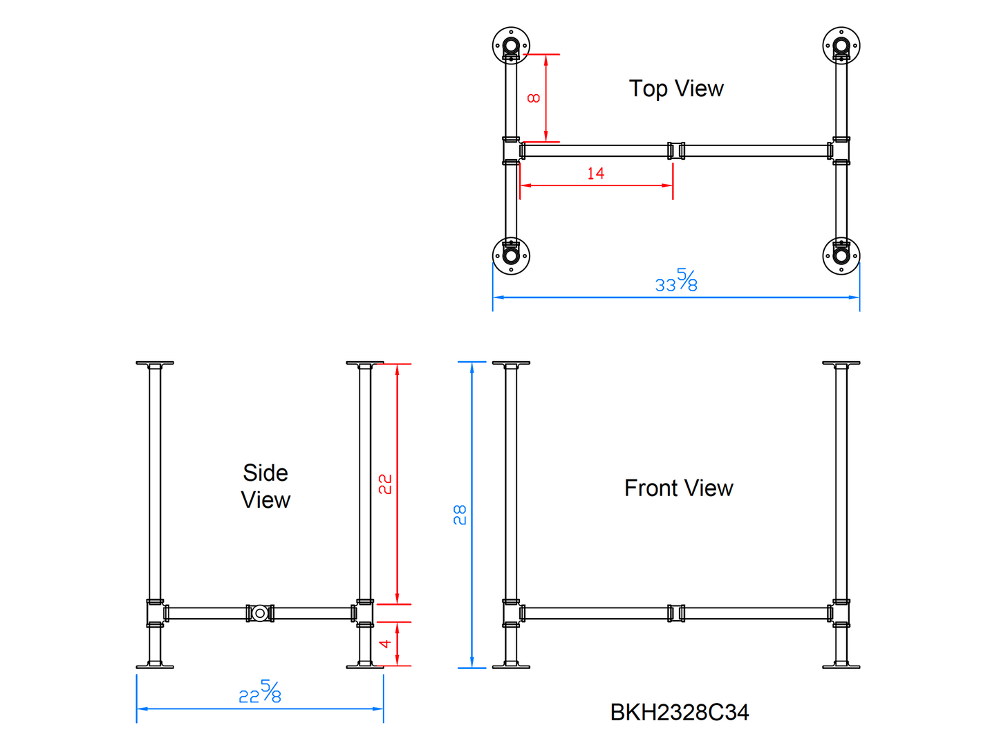 H28" x W23", Pipe Table Legs for Dining Table or Desk, 1 Set, #BKH2328C